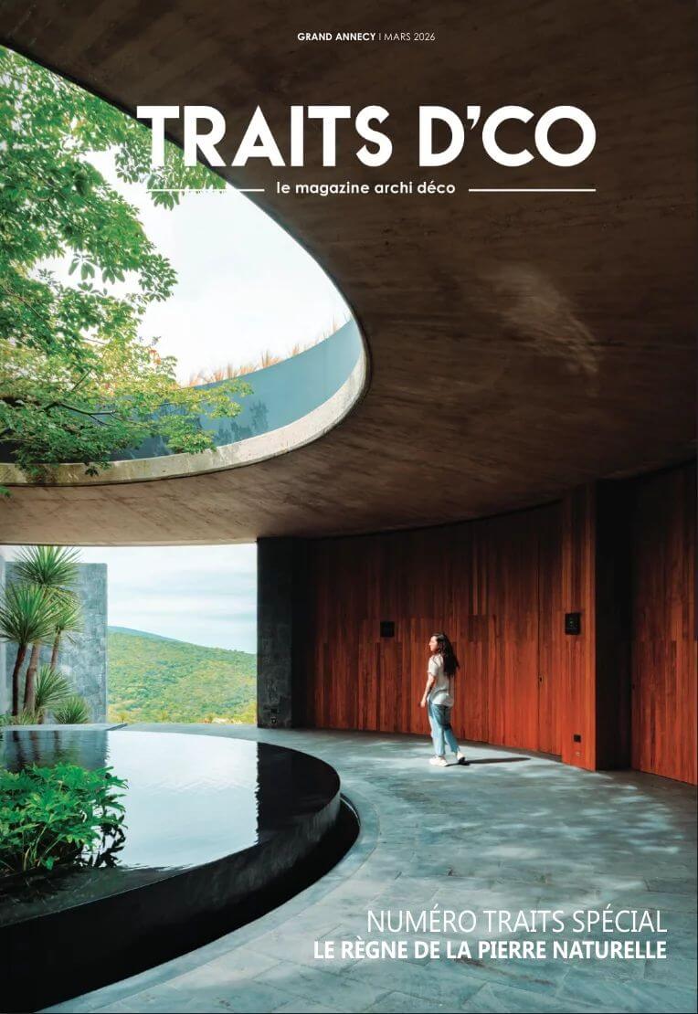 Couverture du magazine TRAITS D’CO Grand Annecy mars 2026 sur la pierre naturelle et l’architecture contemporaine