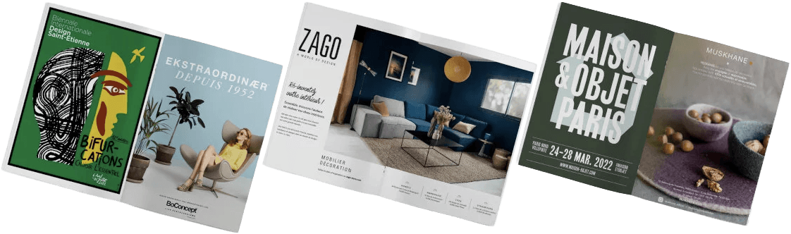 Montage de pages extraites du magazine TRAITS D’CO présentant des publicités de design et mobilier pour la décoration intérieure.